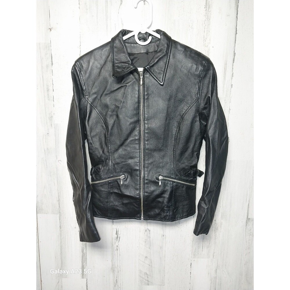 Wilson Leather Y2K Black Jacket Women Zip Motorcycle Biker Minimalist Size Small